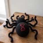 Black amigurumi spider with a red hourglass marking