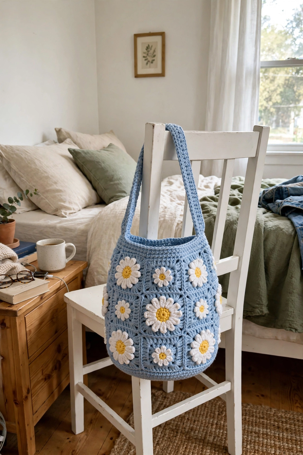Daisy barrel bag on a chair