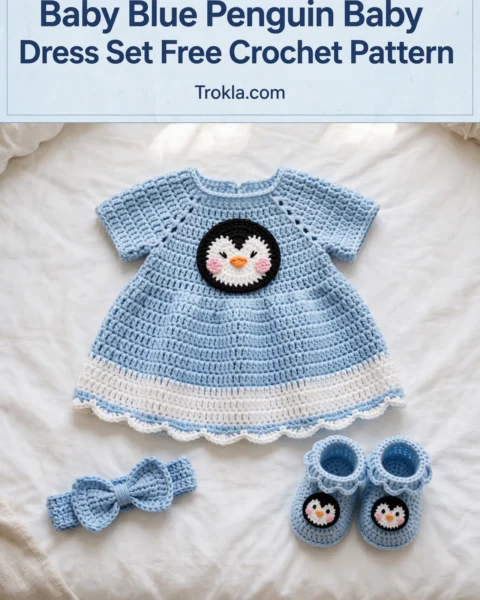 Baby Blue Penguin Dress, Booties & Headband Set Free Crochet Pattern