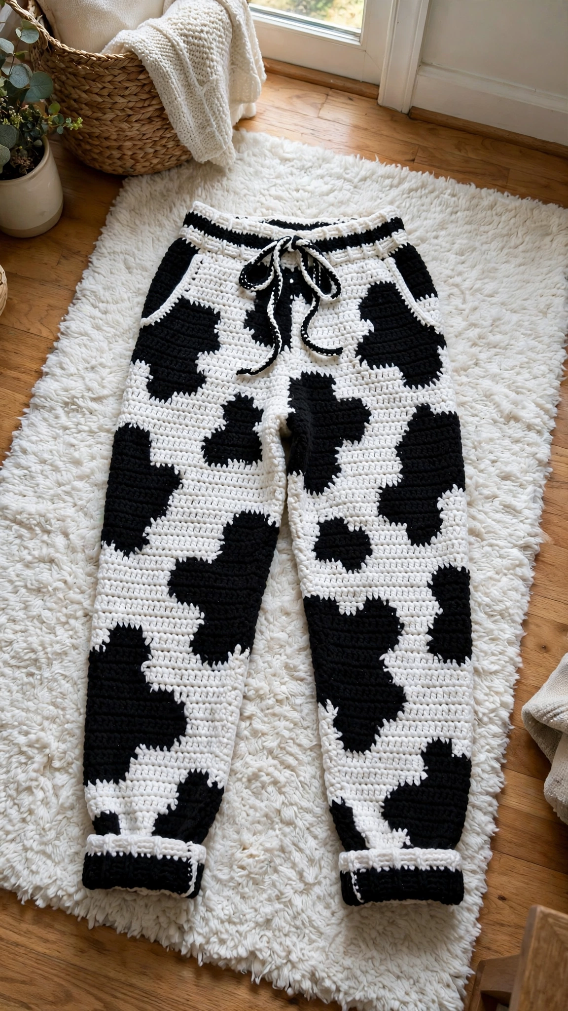 Cow print joggers flat lay