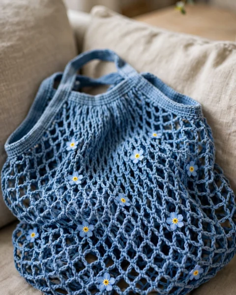 Forget-Me-Not Blue Mesh Bag Free Crochet Pattern