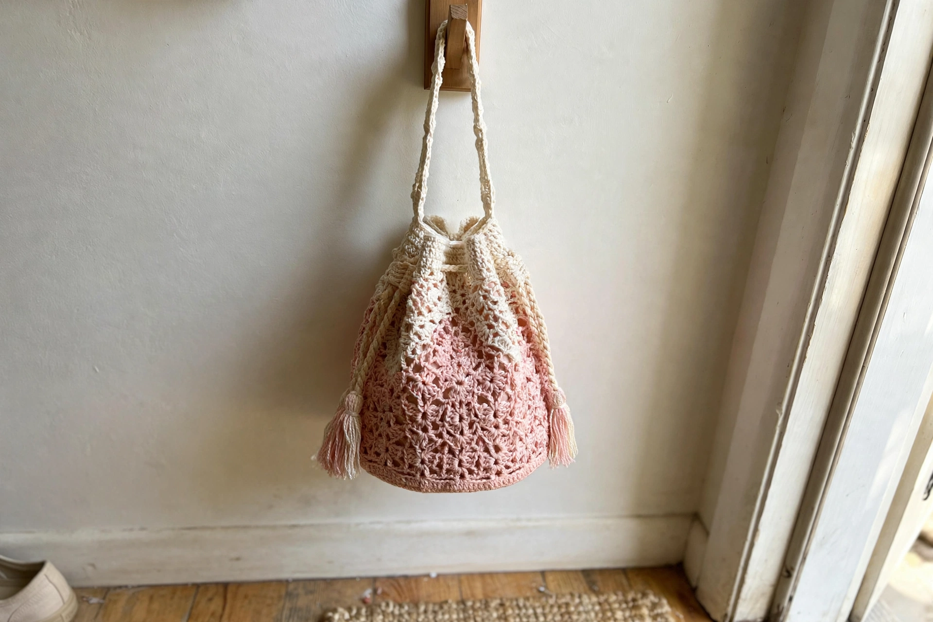 Blush pink bag drawstring and tassels
