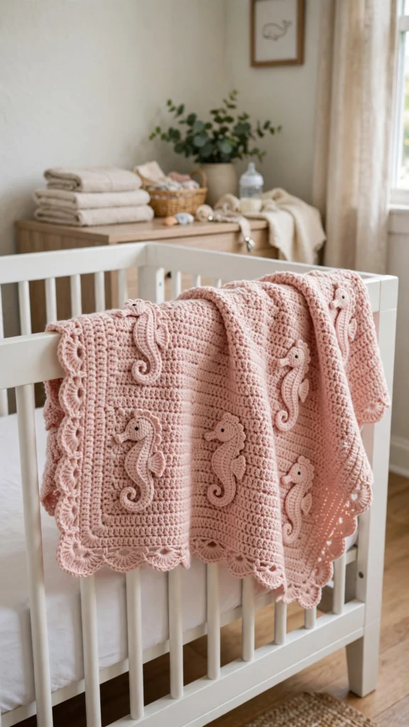 Seahorse blanket draped over crib