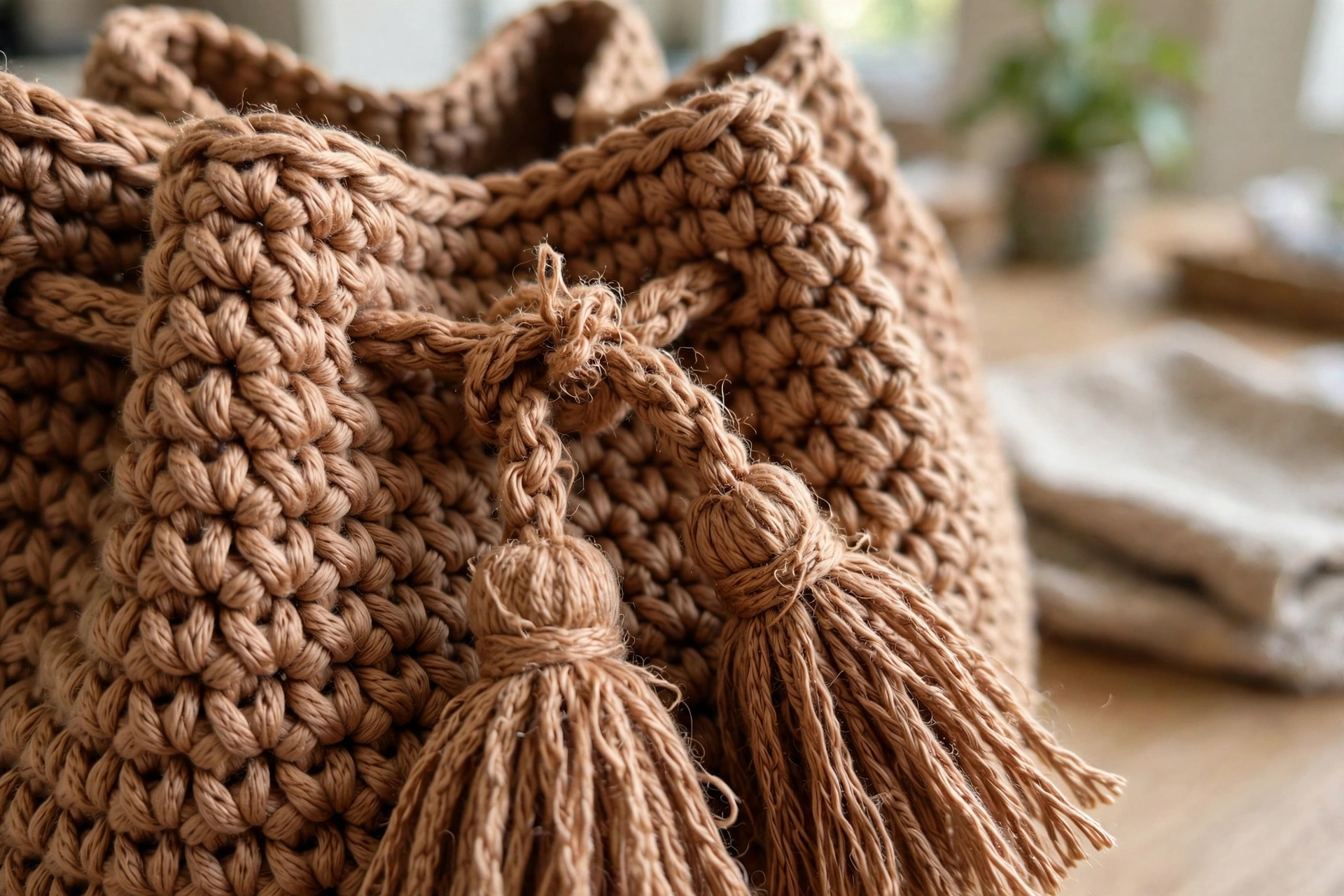 Bucket bag drawstring and tassels