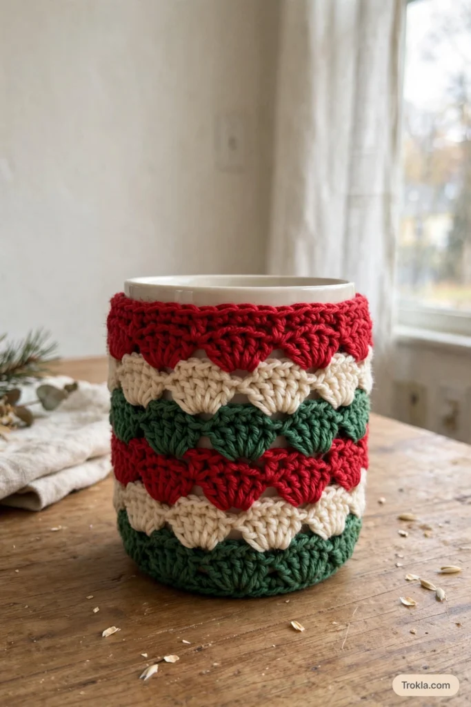Christmas-colored crocheted mug cover in red, green and cream