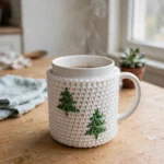 Crocheted Christmas tree mug cozy wrapped around a white mug