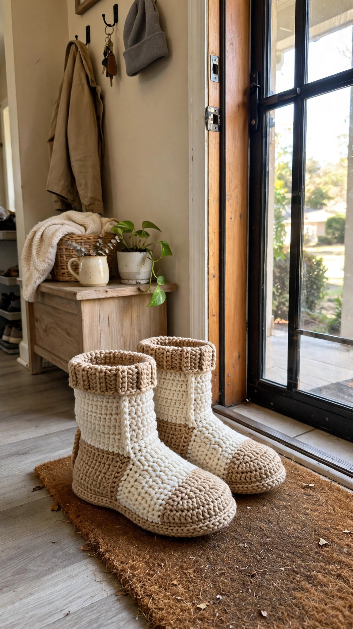 Two-tone boots by door