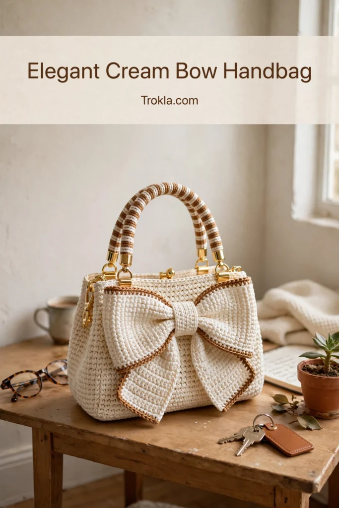 Cream bow handbag with striped handle