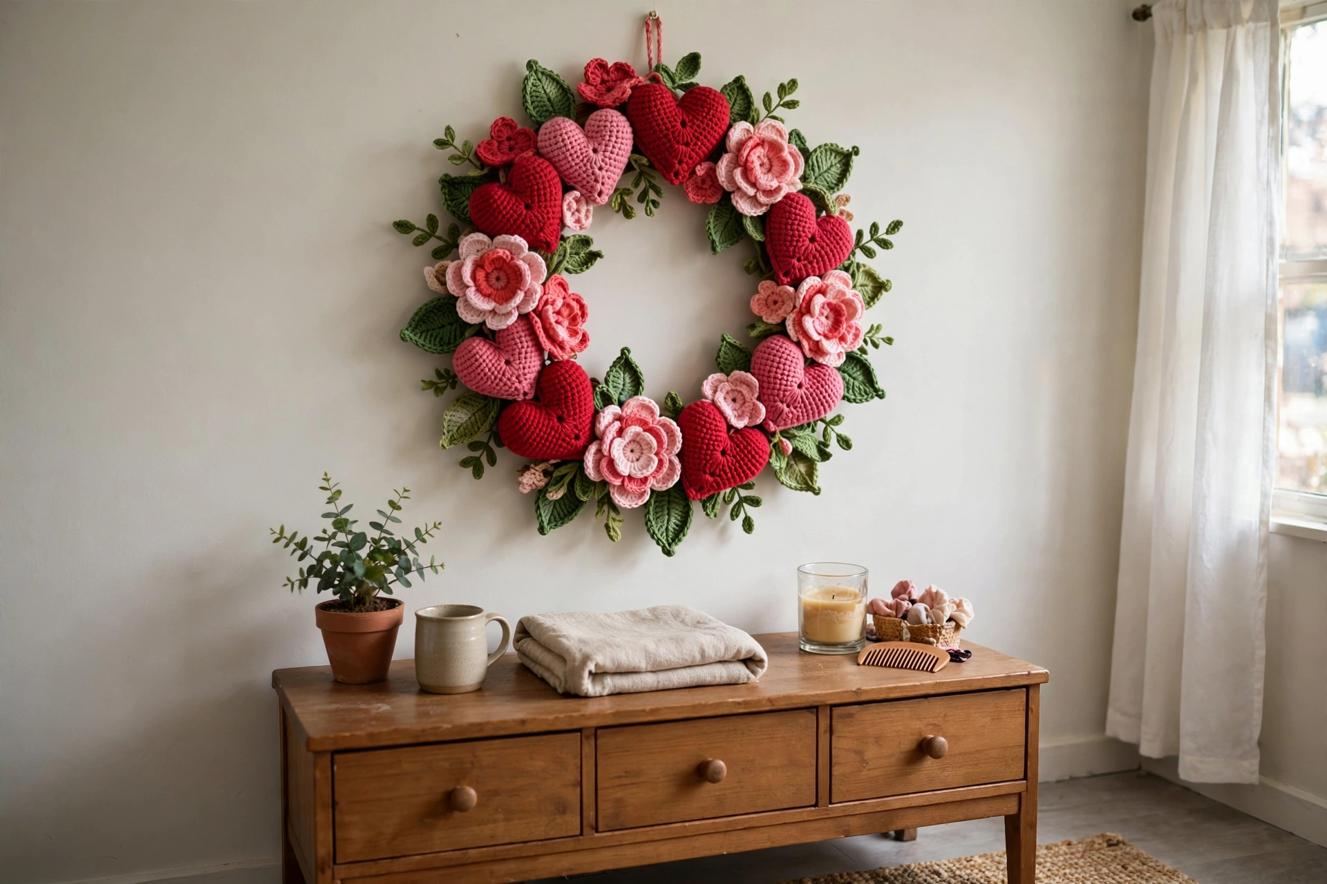 Finished wreath with flowers and hearts