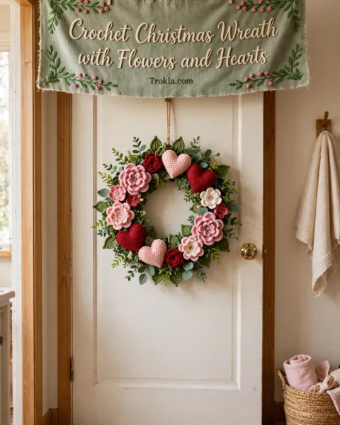 Crochet Christmas Wreath with Flowers and Hearts Free Crochet Pattern