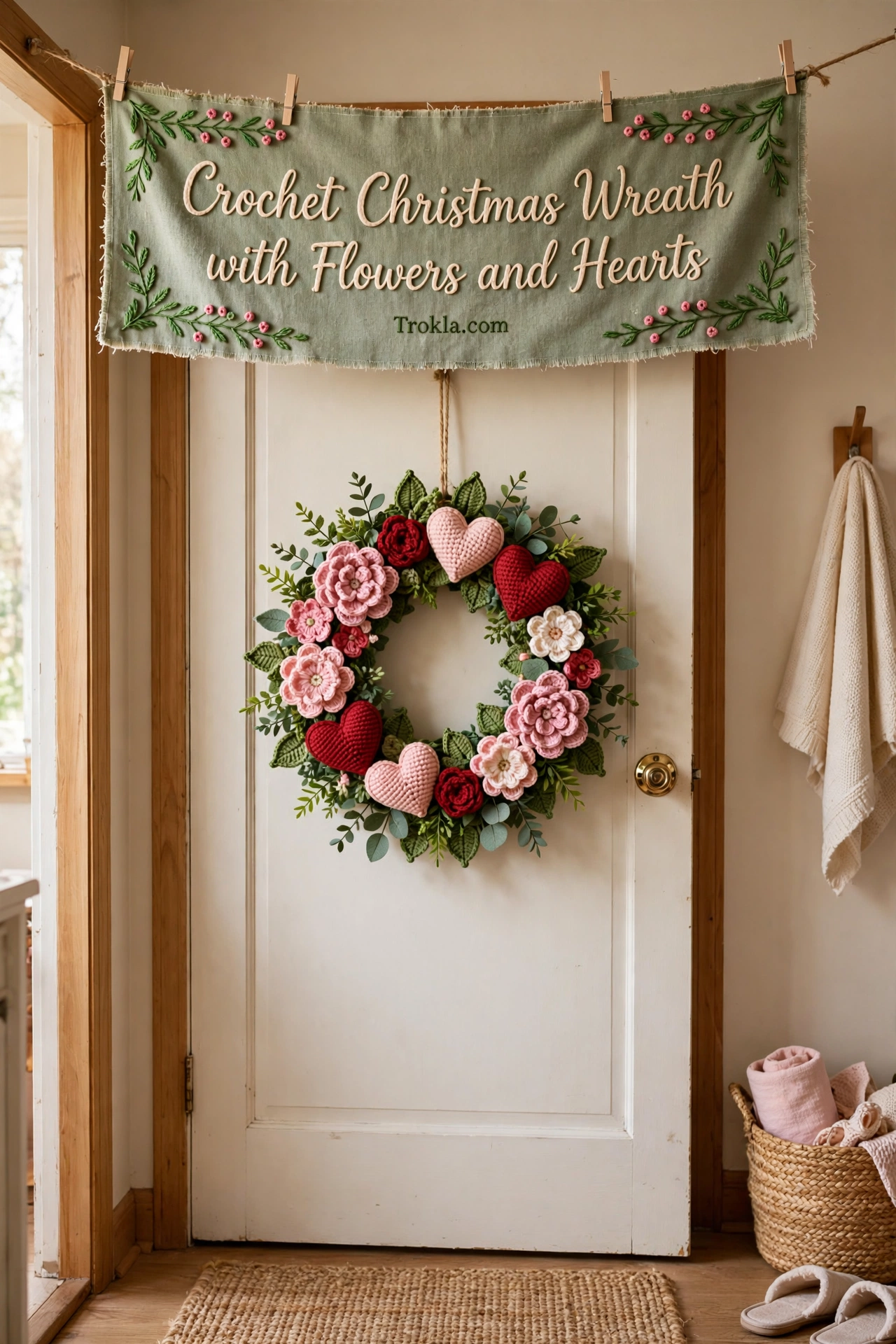Crochet wreath with flowers and hearts