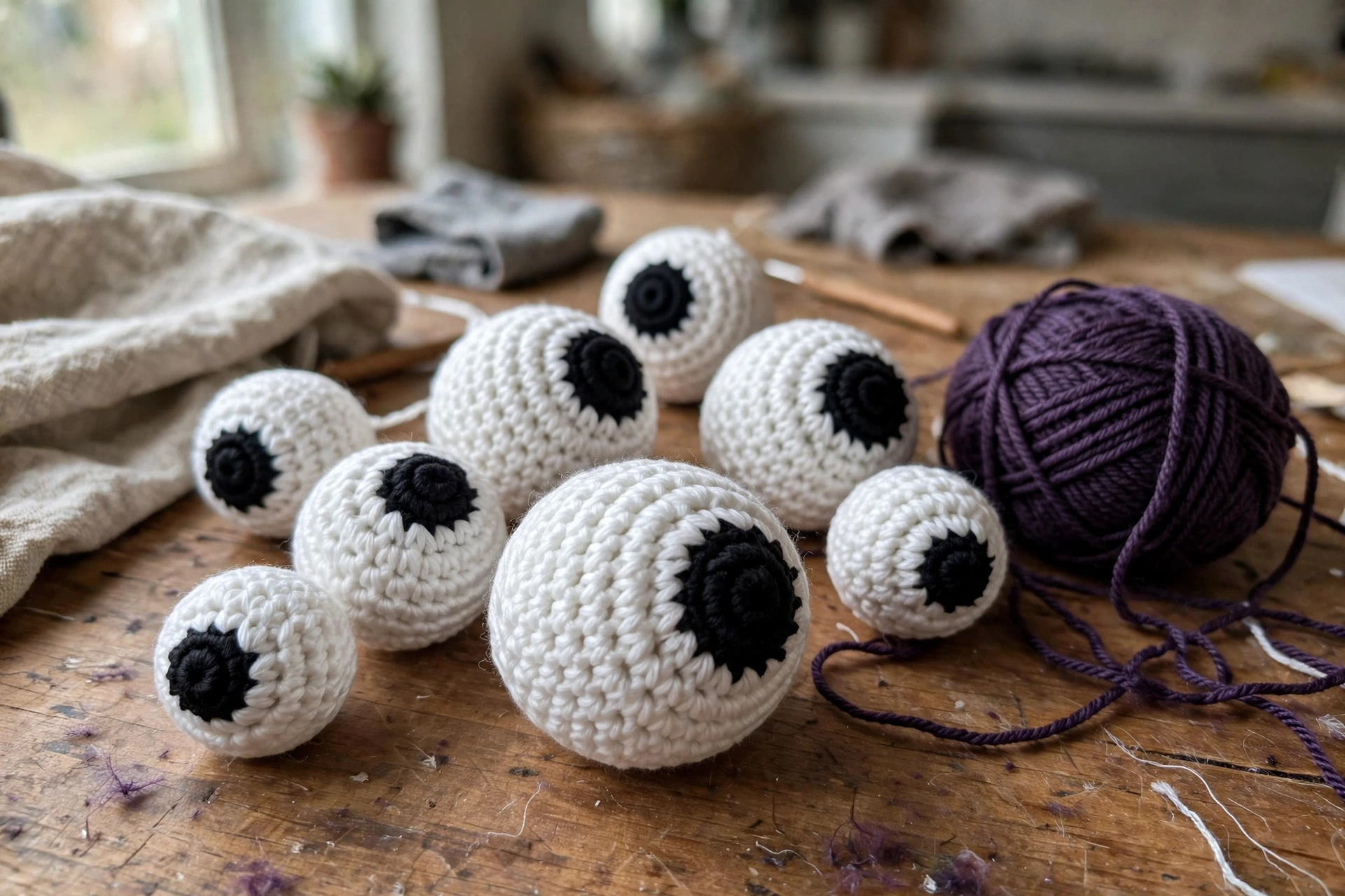 Different-sized crocheted eyeballs close-up