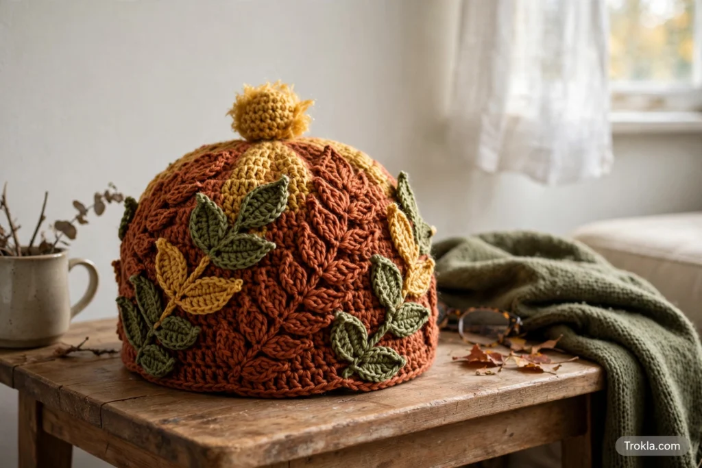 Fall leaf hat with pinecone pom pom in autumn colors