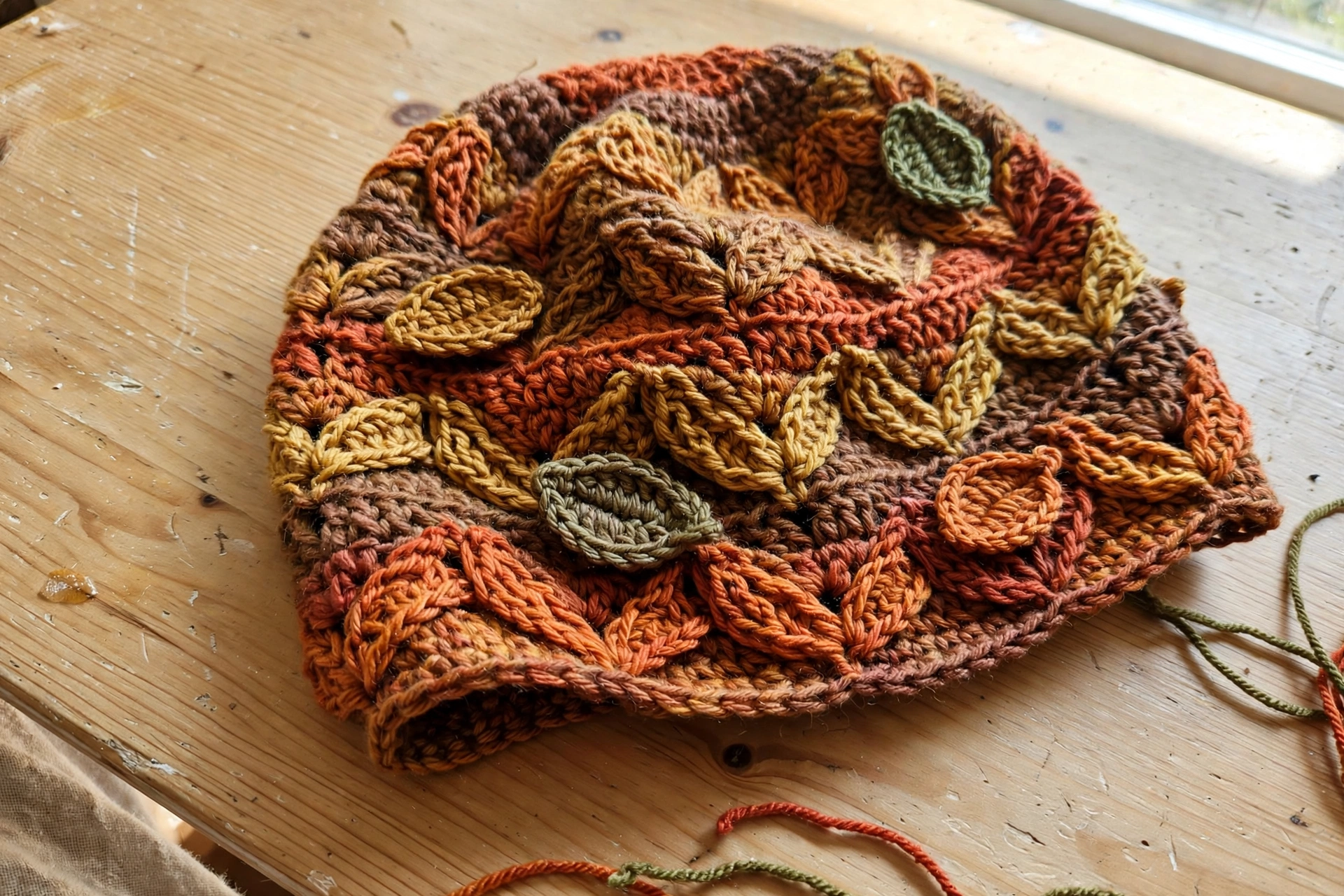 Stretchy ribbed brim of the fall leaf hat