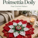 Crocheted poinsettia doily in red white and green