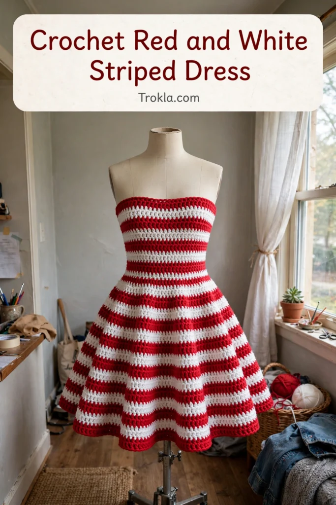 Crochet Red and White Striped Dress