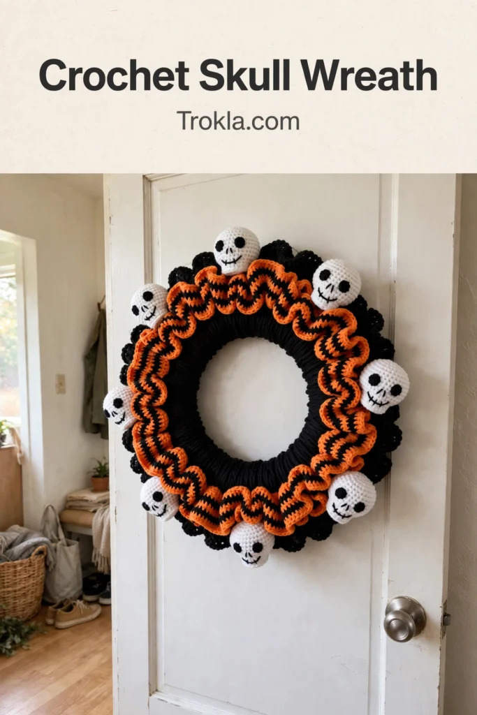 Crochet skull wreath with orange and black striped ruffle