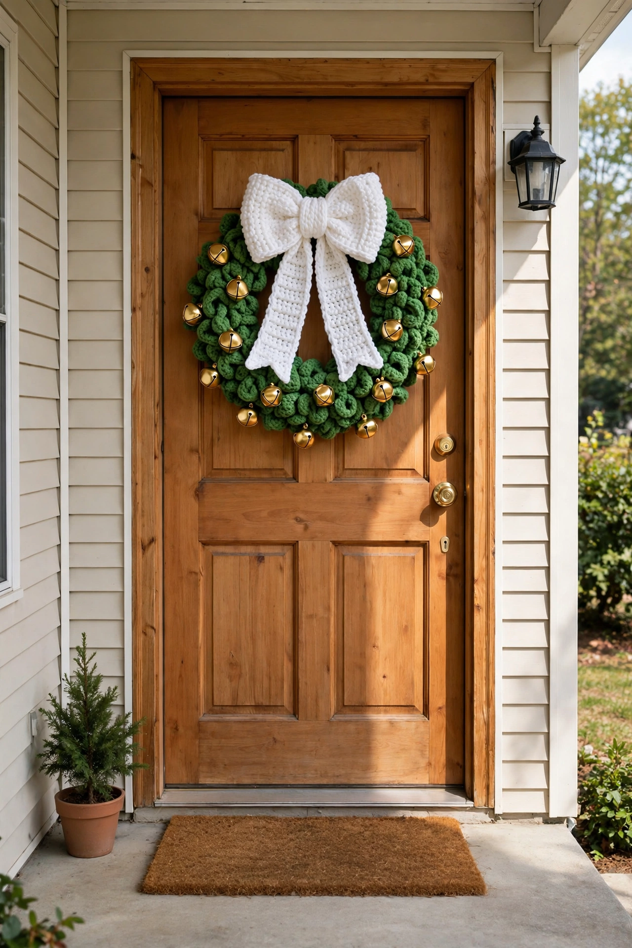 The jingling bell wreath on a front door