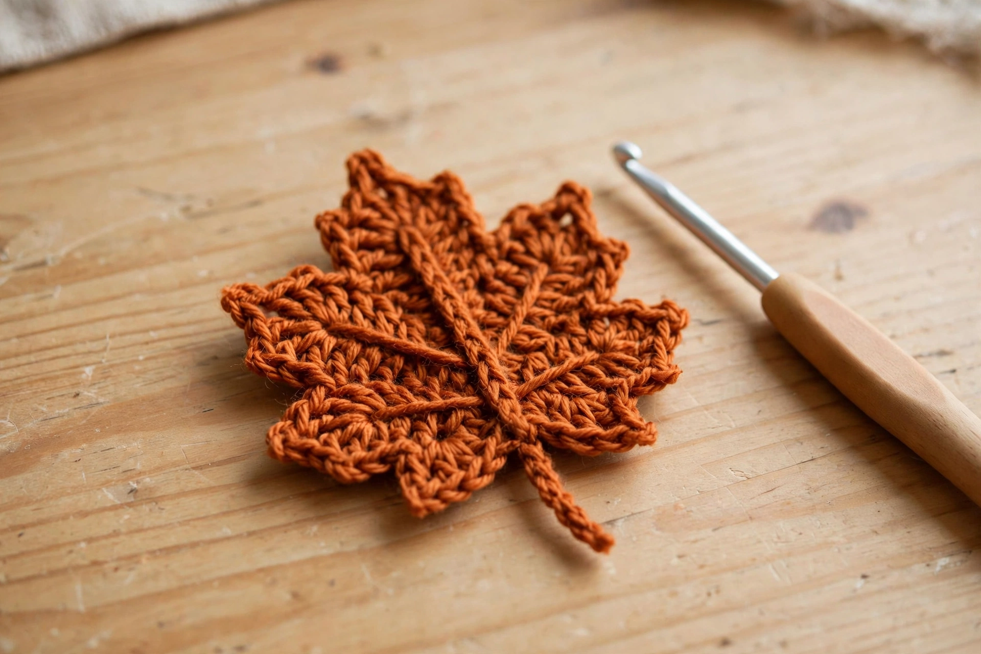 Crochet leaf with surface-crocheted stem vein