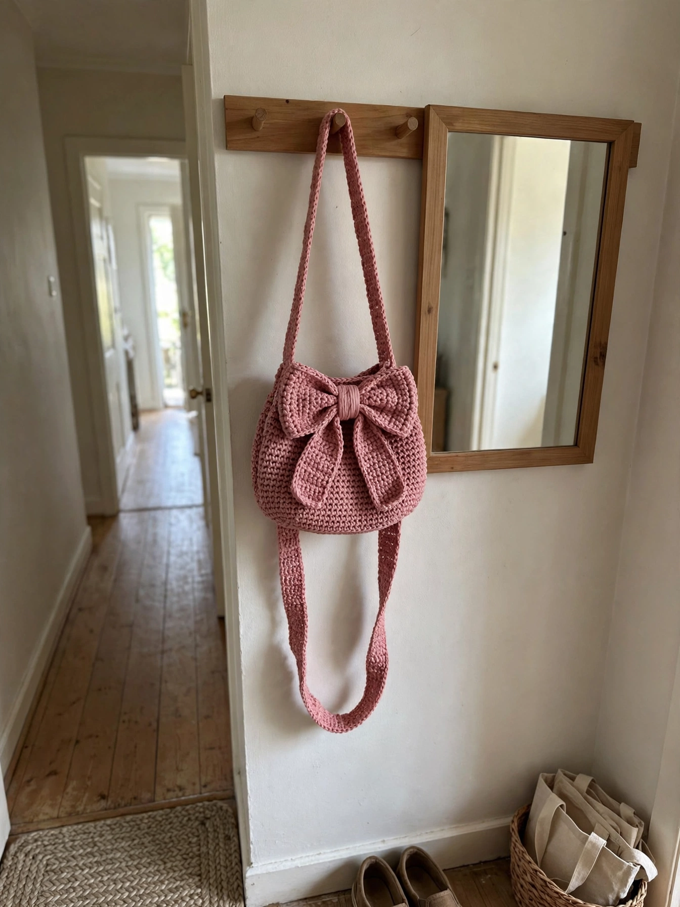 Dusty rose bow handbag strap detail