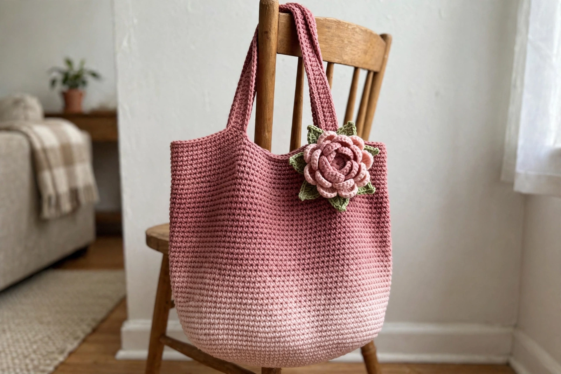 Dusty rose tote hanging from a chair