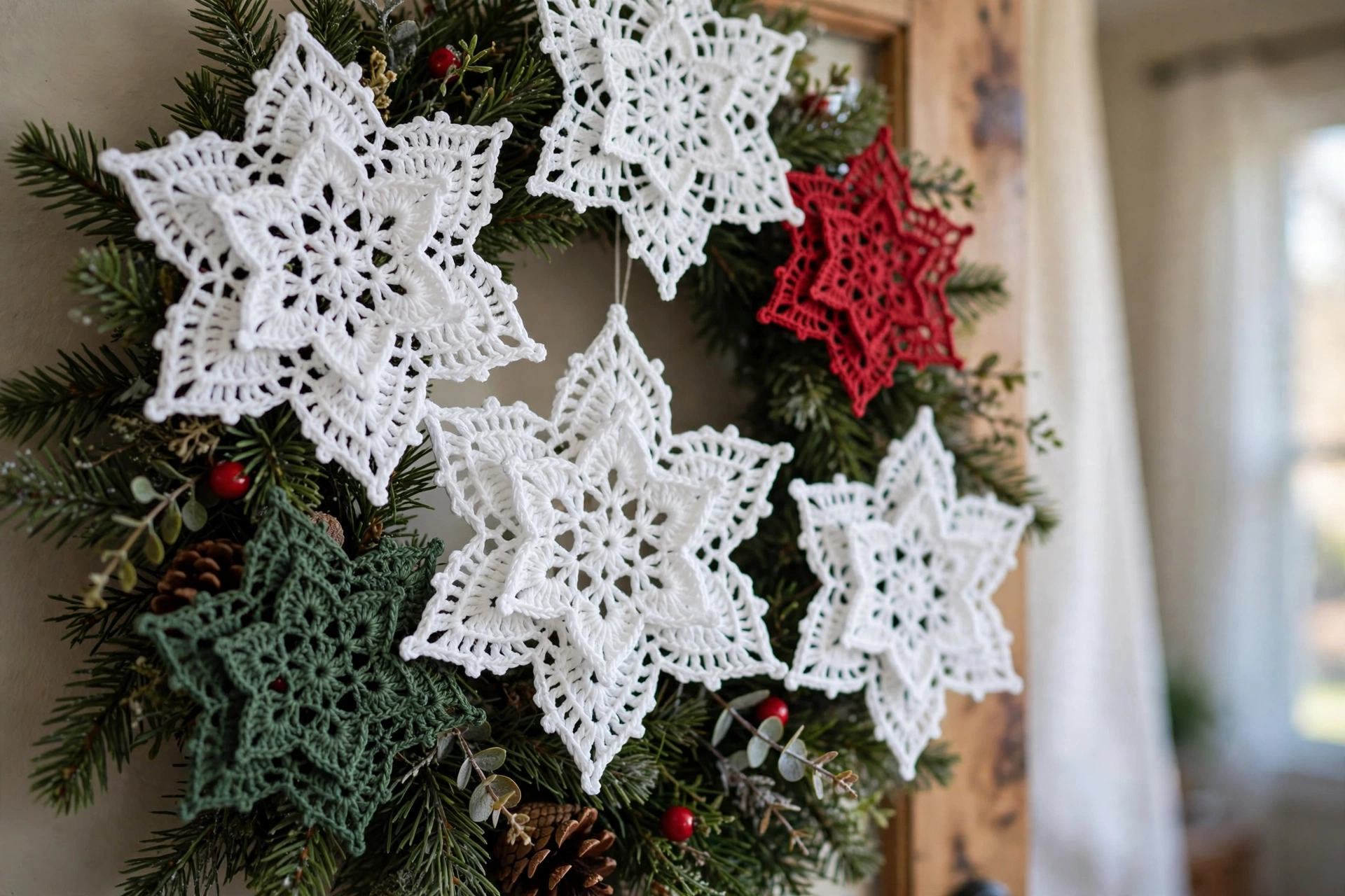 Close-up of layered crocheted snowflakes