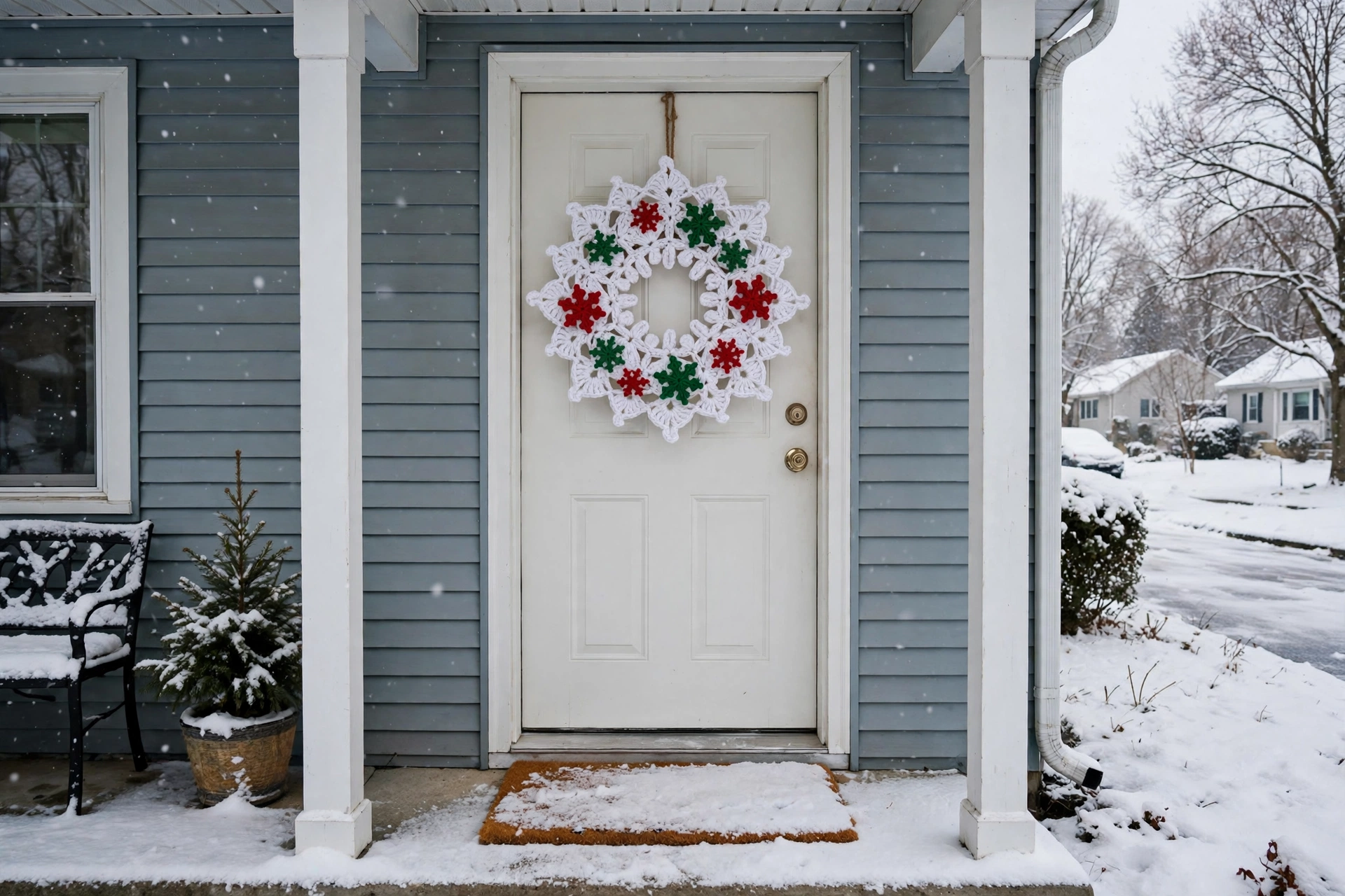 The snowflake wreath on a front door in winter