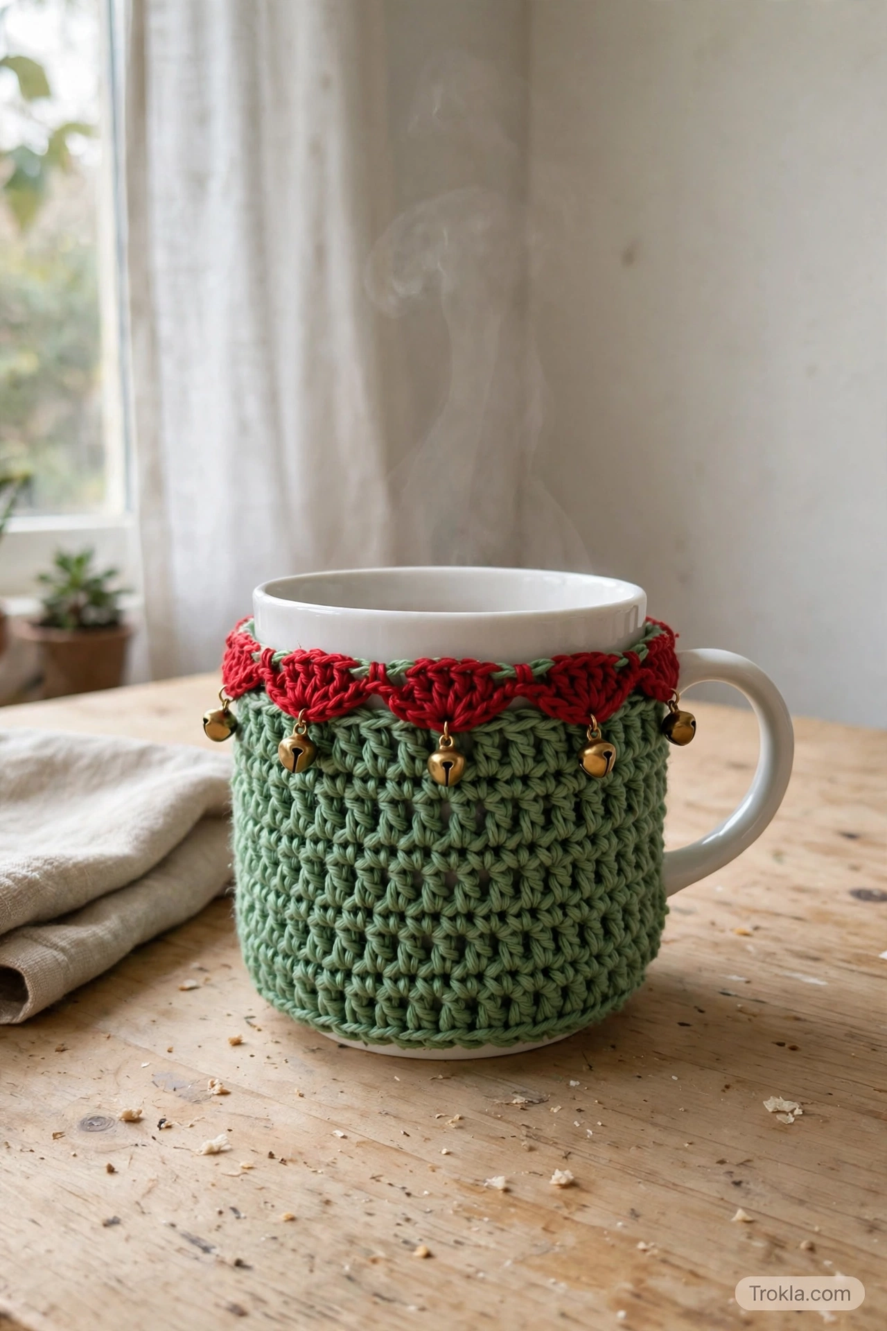 Jade green crocheted mug cozy with red shell edge and jingle bells