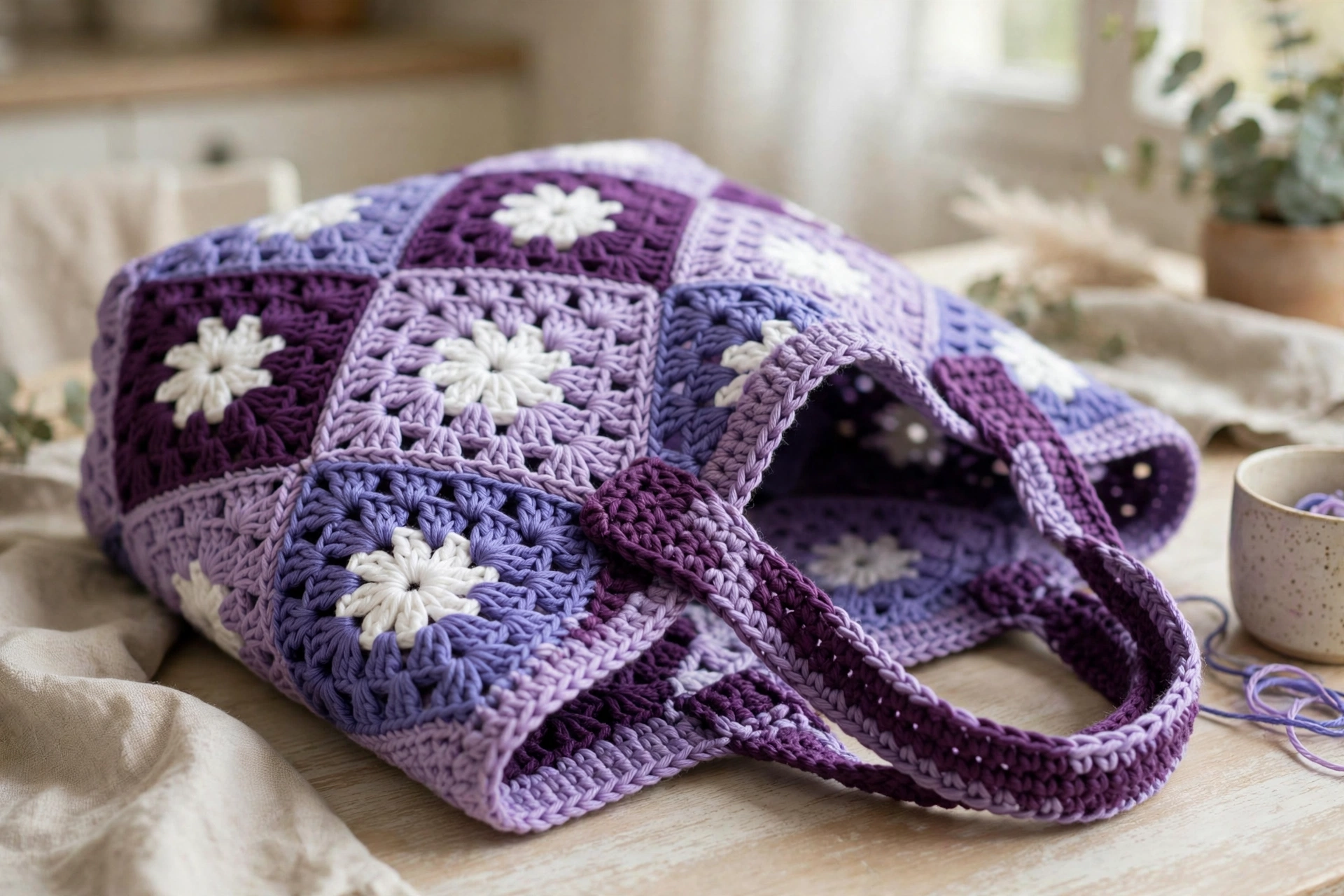 Close-up of lavender granny square tote stitch detail