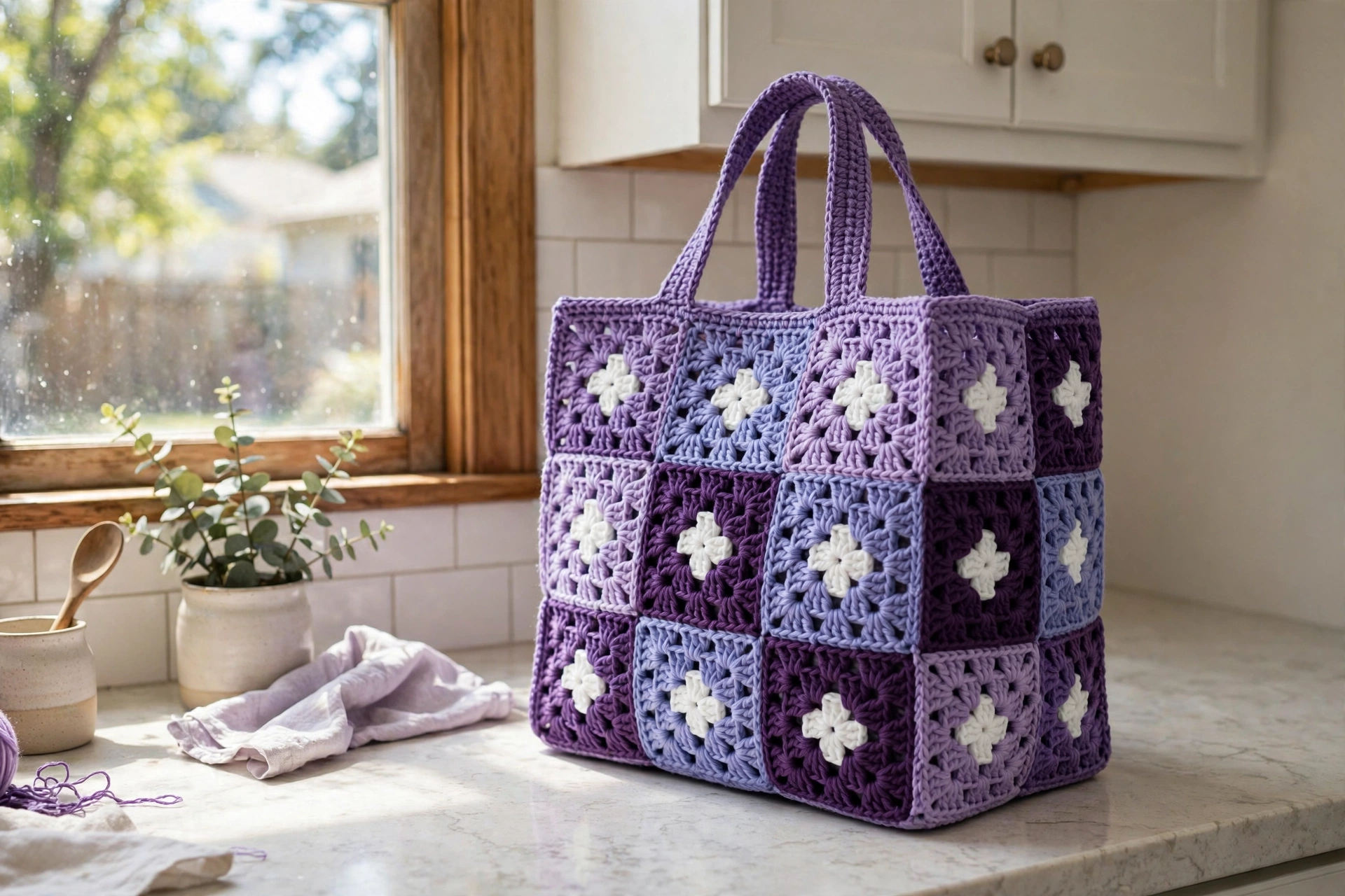 Lavender granny square tote panels laid out before assembly