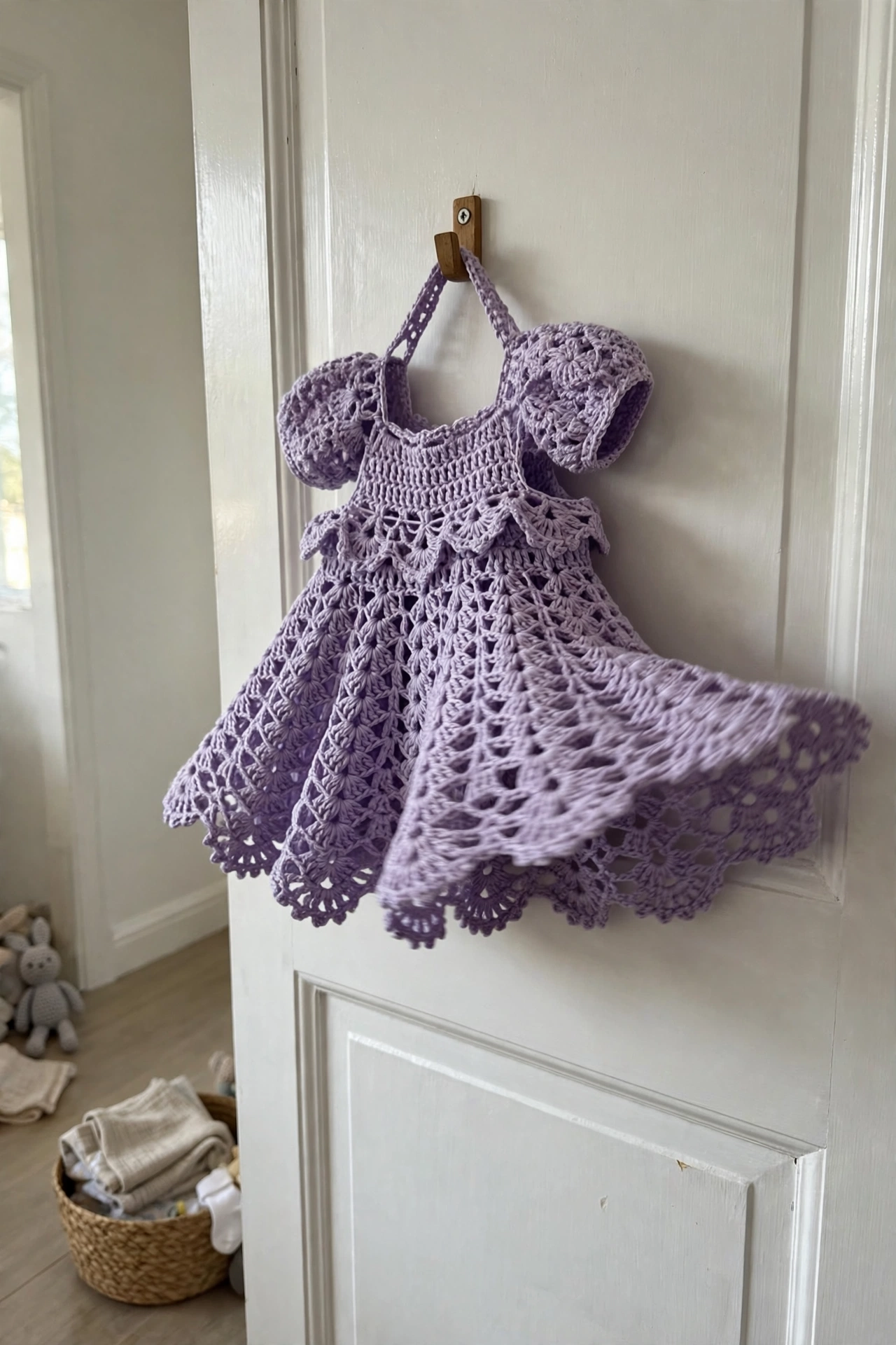 Lavender party dress on hanger
