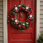 Merry Christmas wreath with santas, gift boxes, and stockings