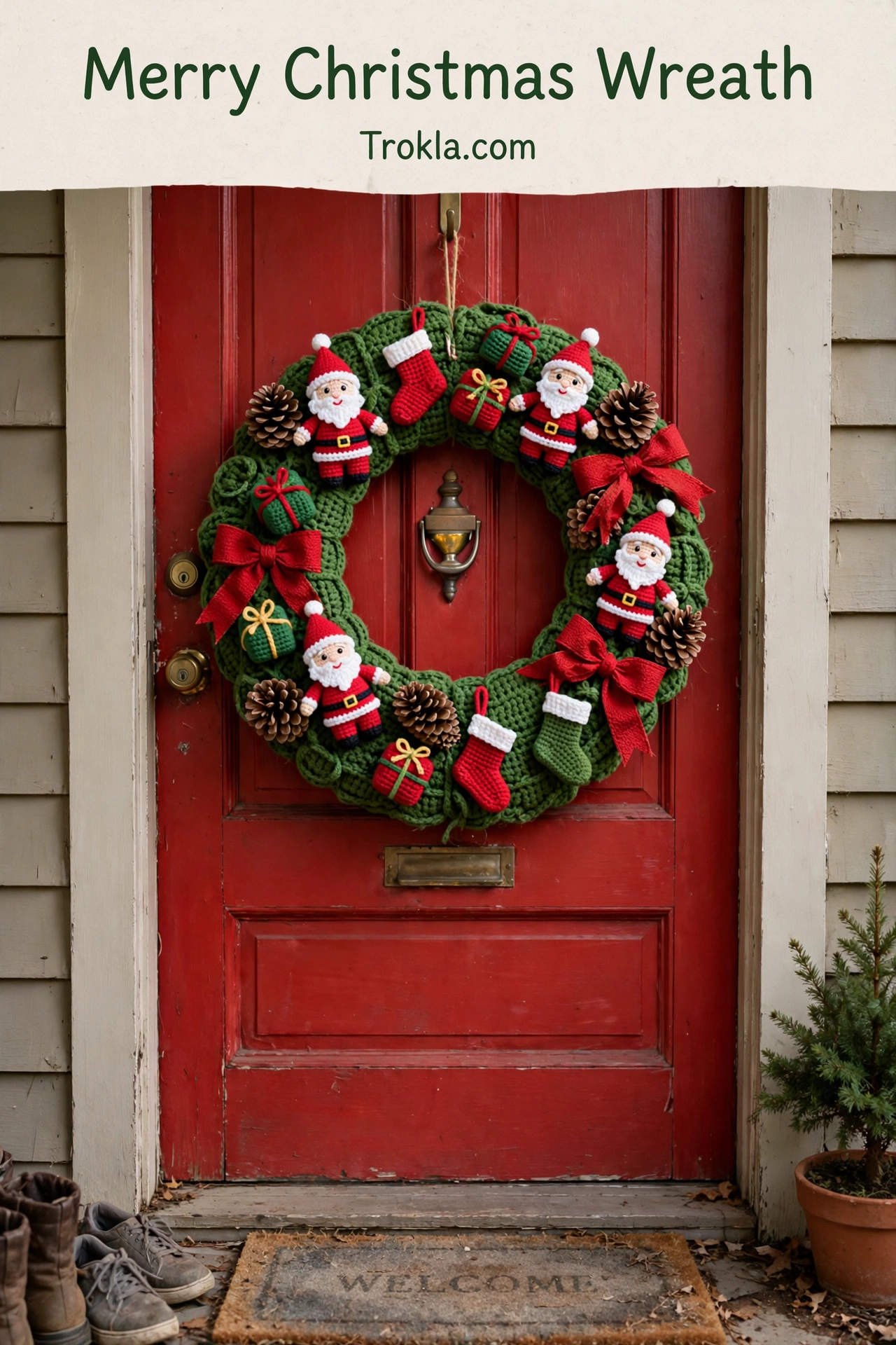 Merry Christmas wreath with santas, gift boxes, and stockings