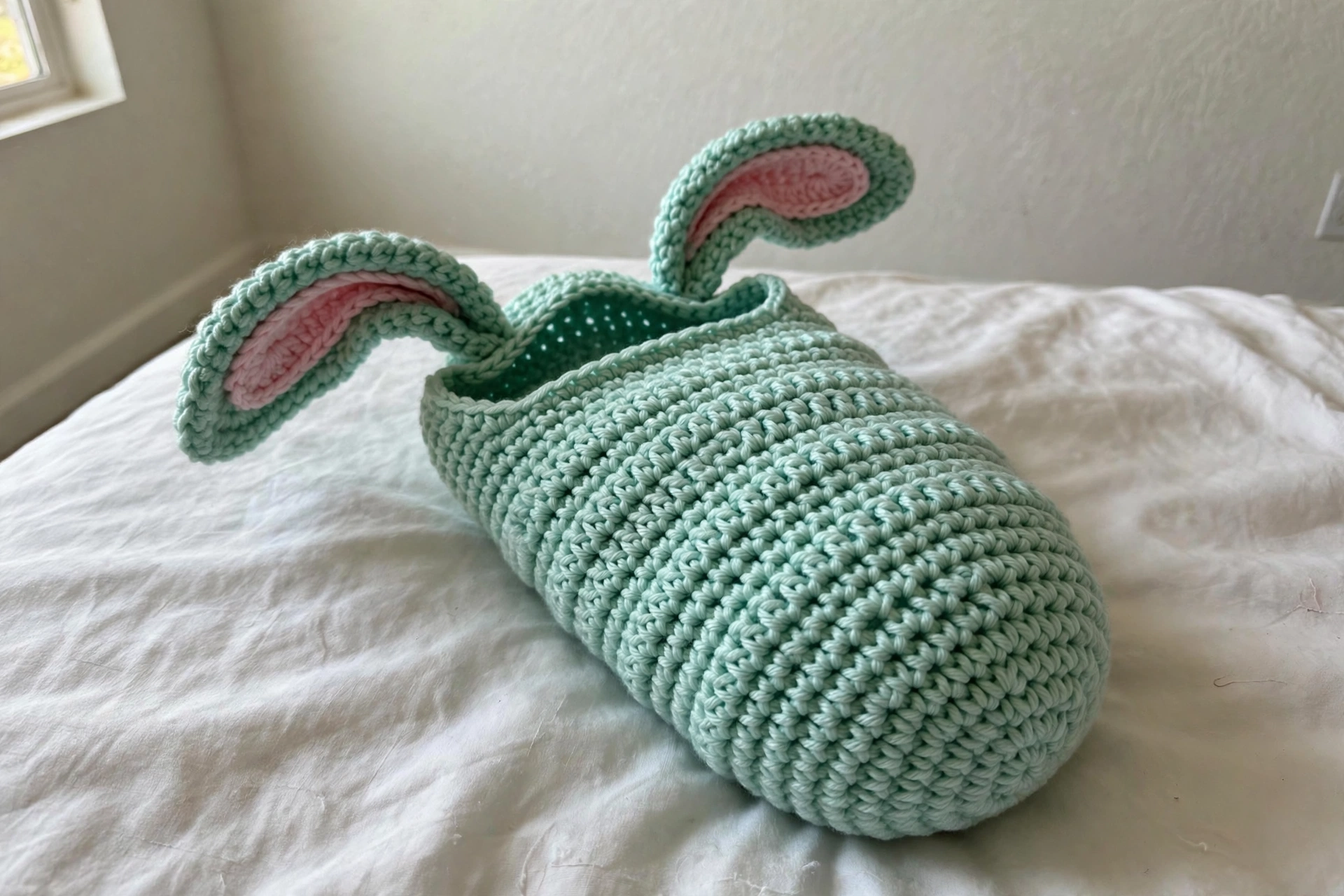 Mint bunny cocoon ears closeup