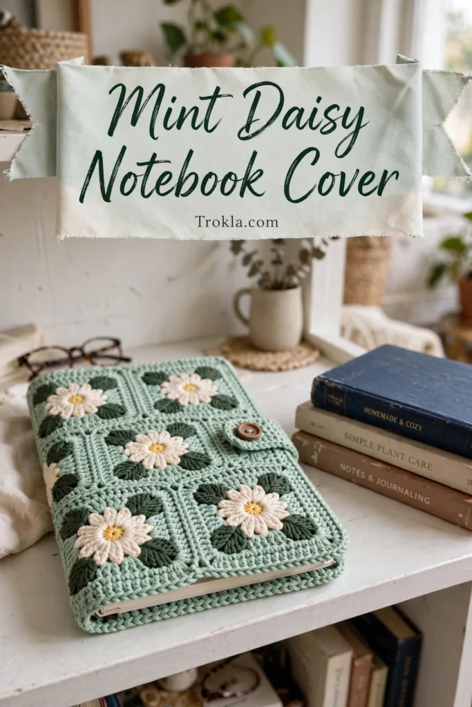Mint daisy crochet notebook cover