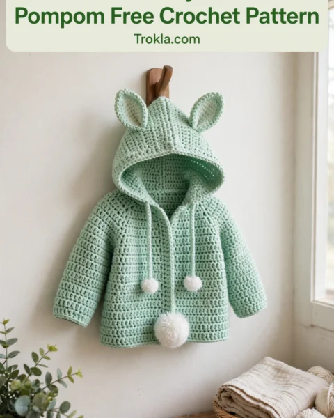 Mint Green Bunny Jacket with Pompom Free Crochet Pattern