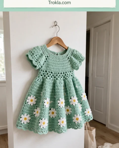 Mint Green Daisy Baby Dress Free Crochet Pattern