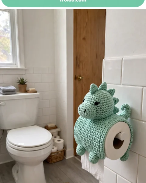 Mint Green Dinosaur Toilet Paper Cozy Free Crochet Pattern