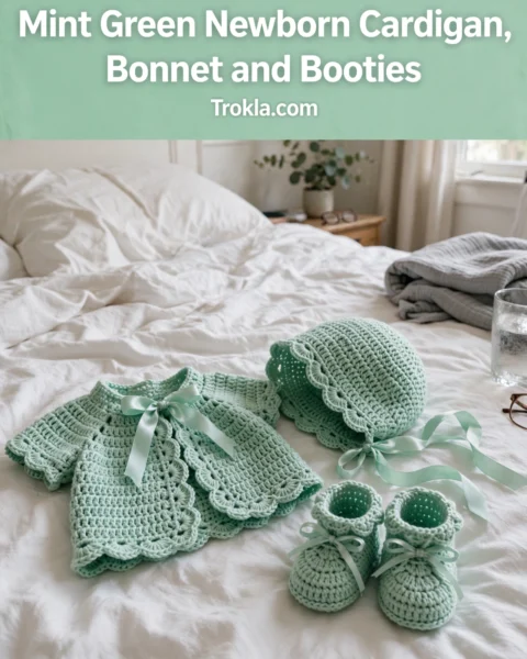 Mint Green Newborn Cardigan, Bonnet and Booties Free Crochet Pattern
