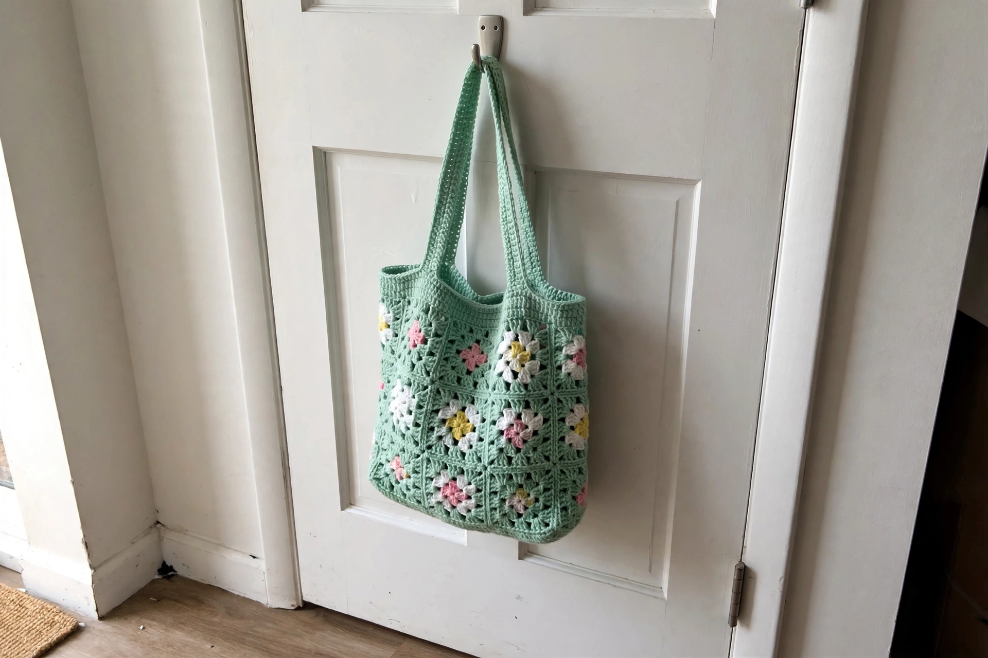Mint granny square tote on a kitchen table