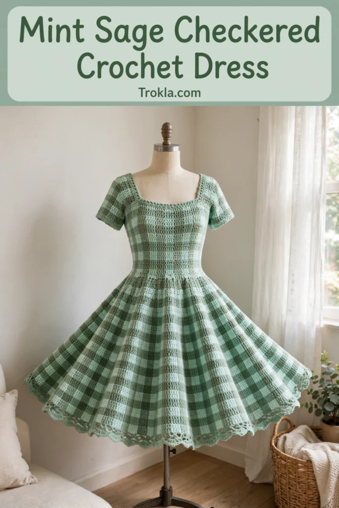 Mint sage checkered crochet dress