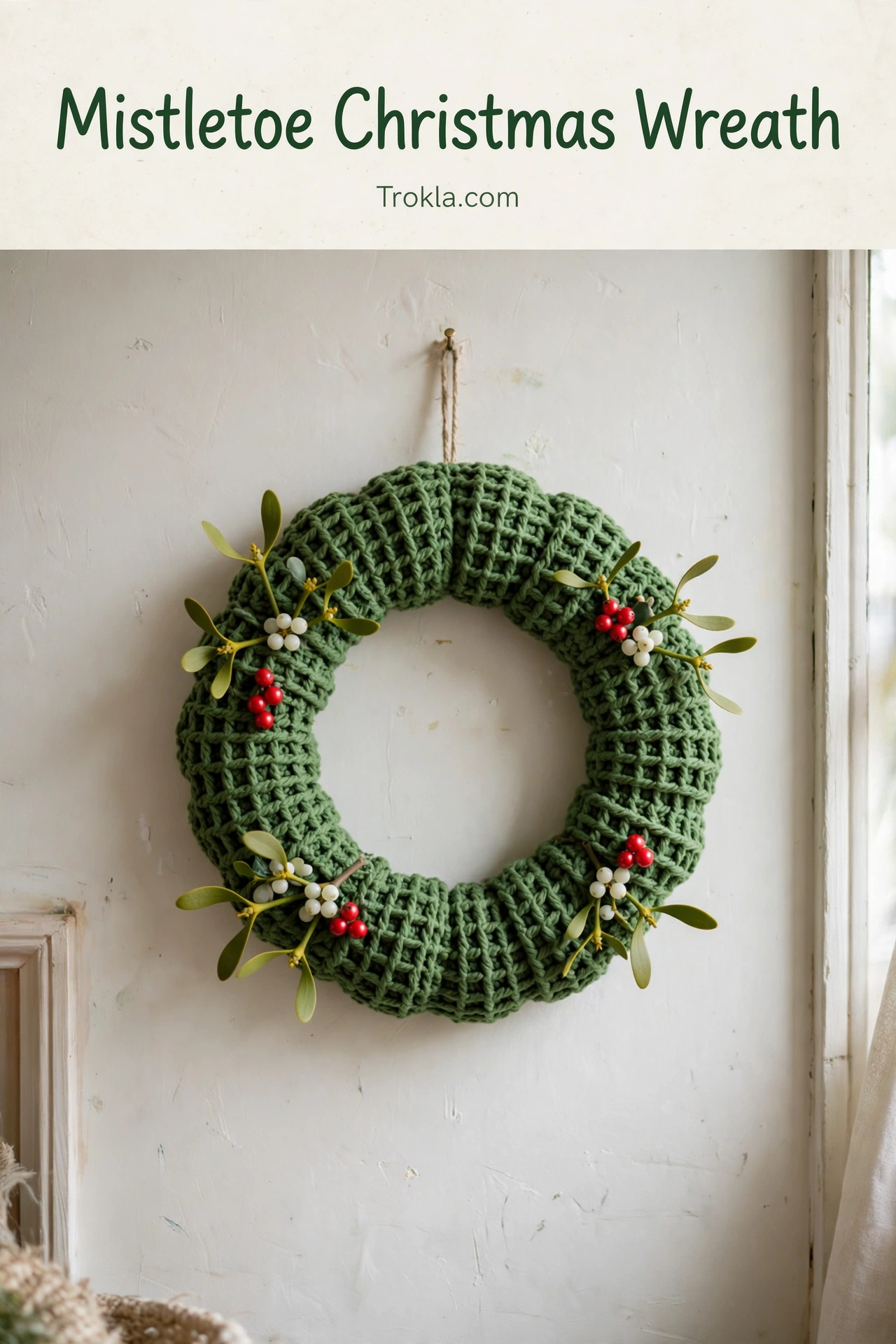 Mistletoe Christmas wreath with waffle stitch texture