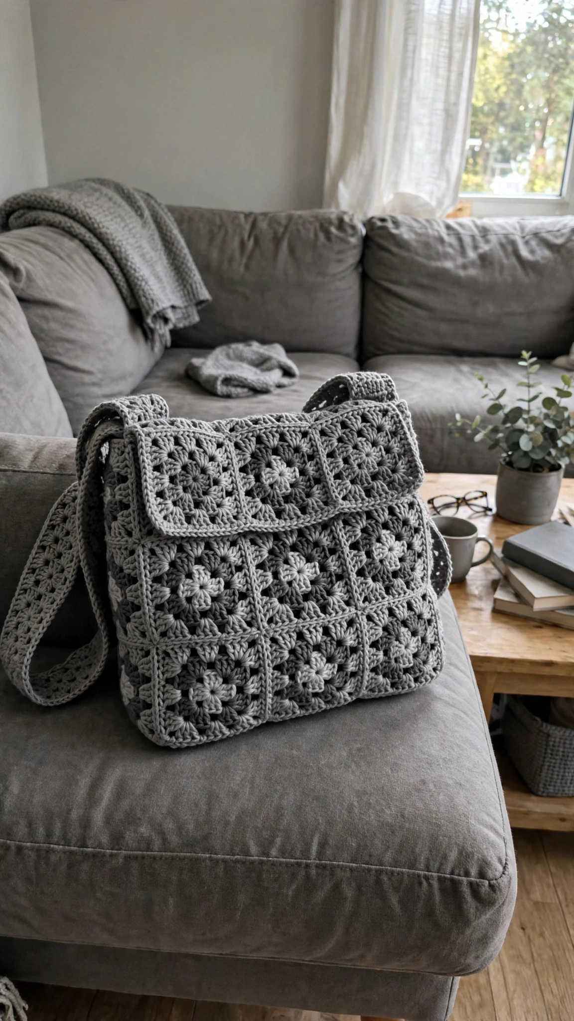 Gray bag on wooden peg