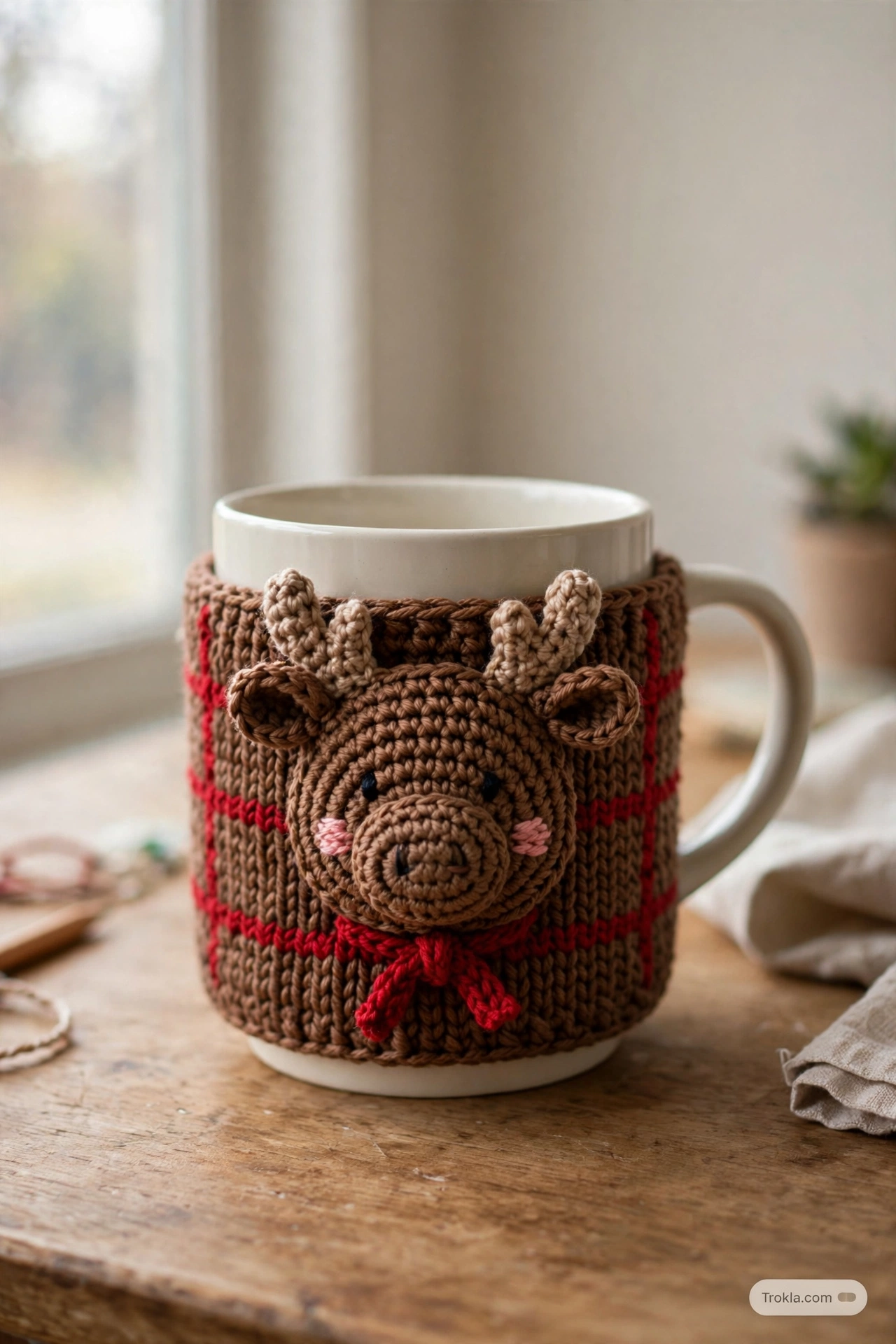 Crocheted moose mug cozy with red plaid and antlers on a mug