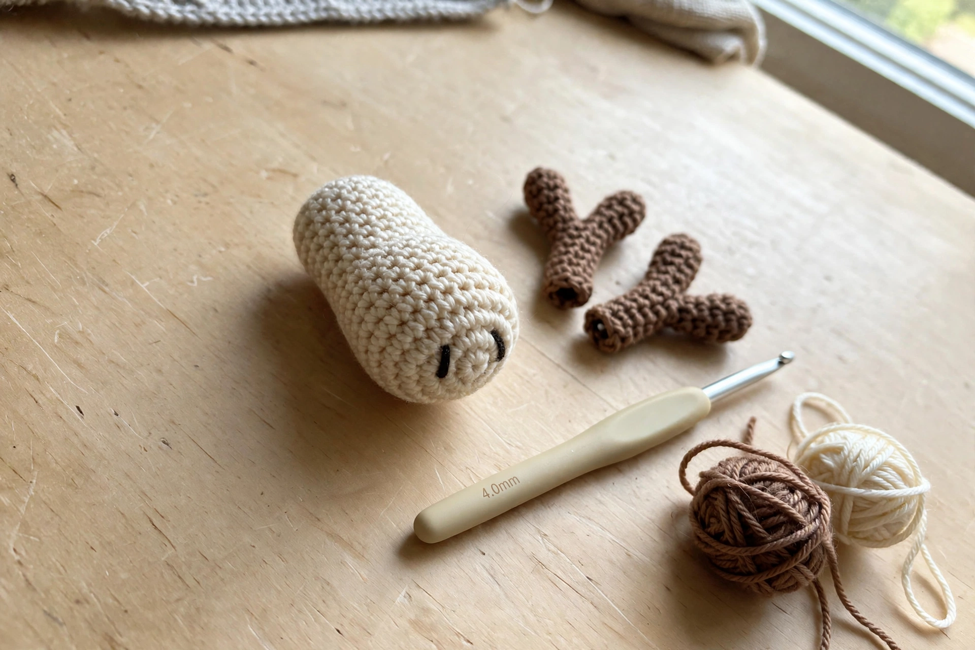 Close-up of the crocheted moose snout and antler pieces