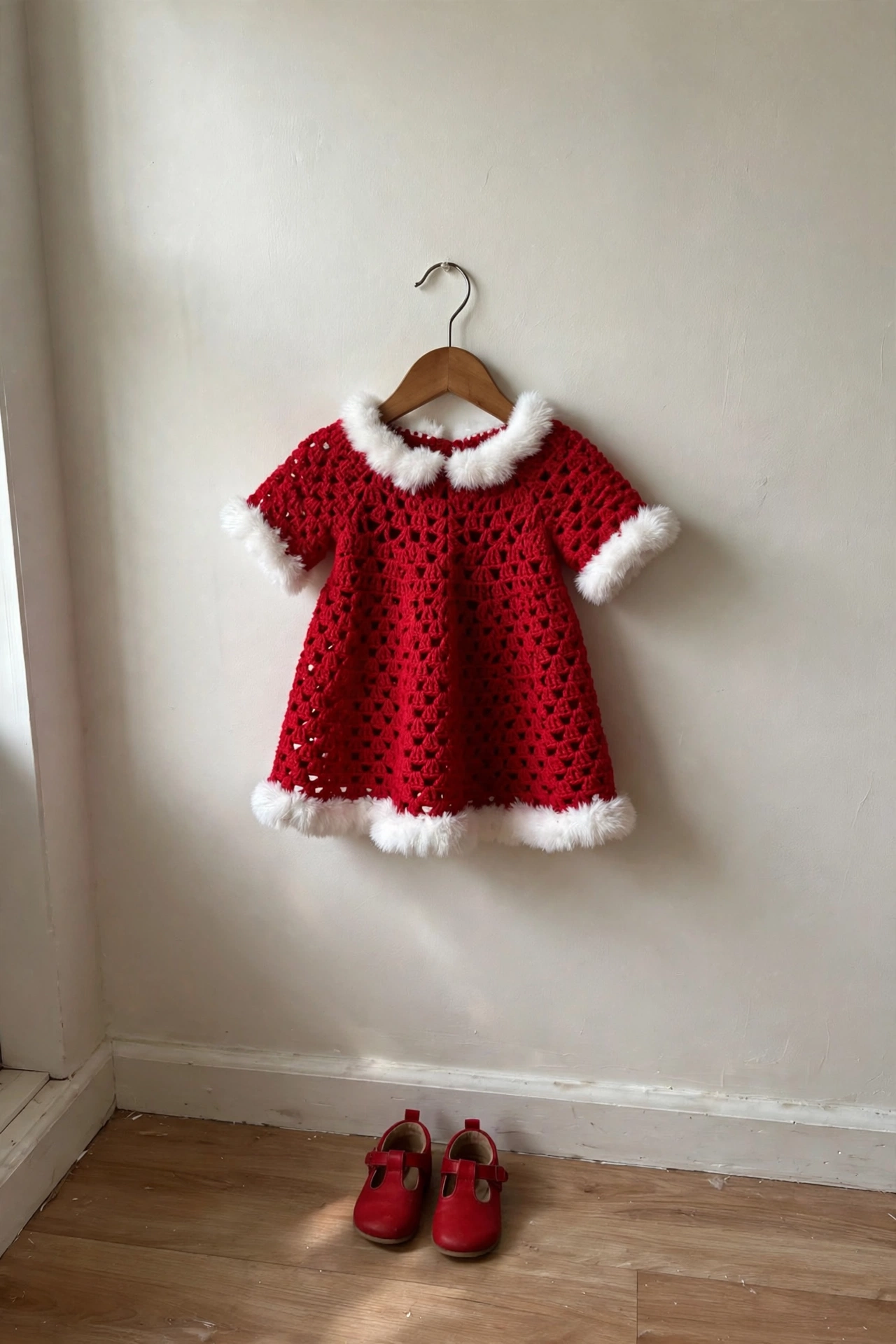 Mrs. Claus winter dress on hanger