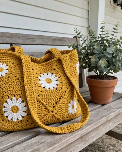 Mustard Daisy Tote Bag Free Crochet Pattern