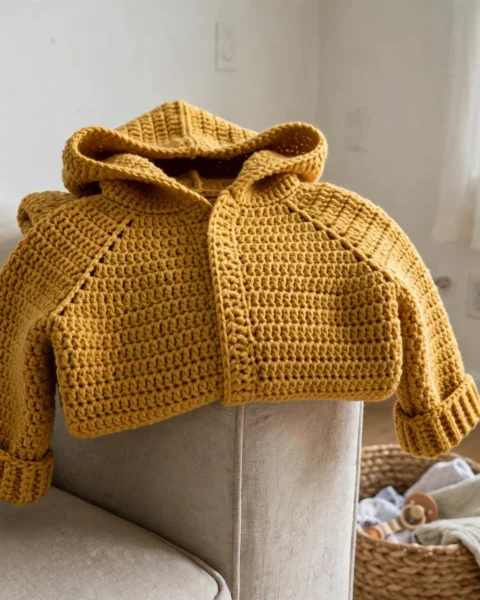 Mustard Yellow Hooded Baby Jacket Free Crochet Pattern