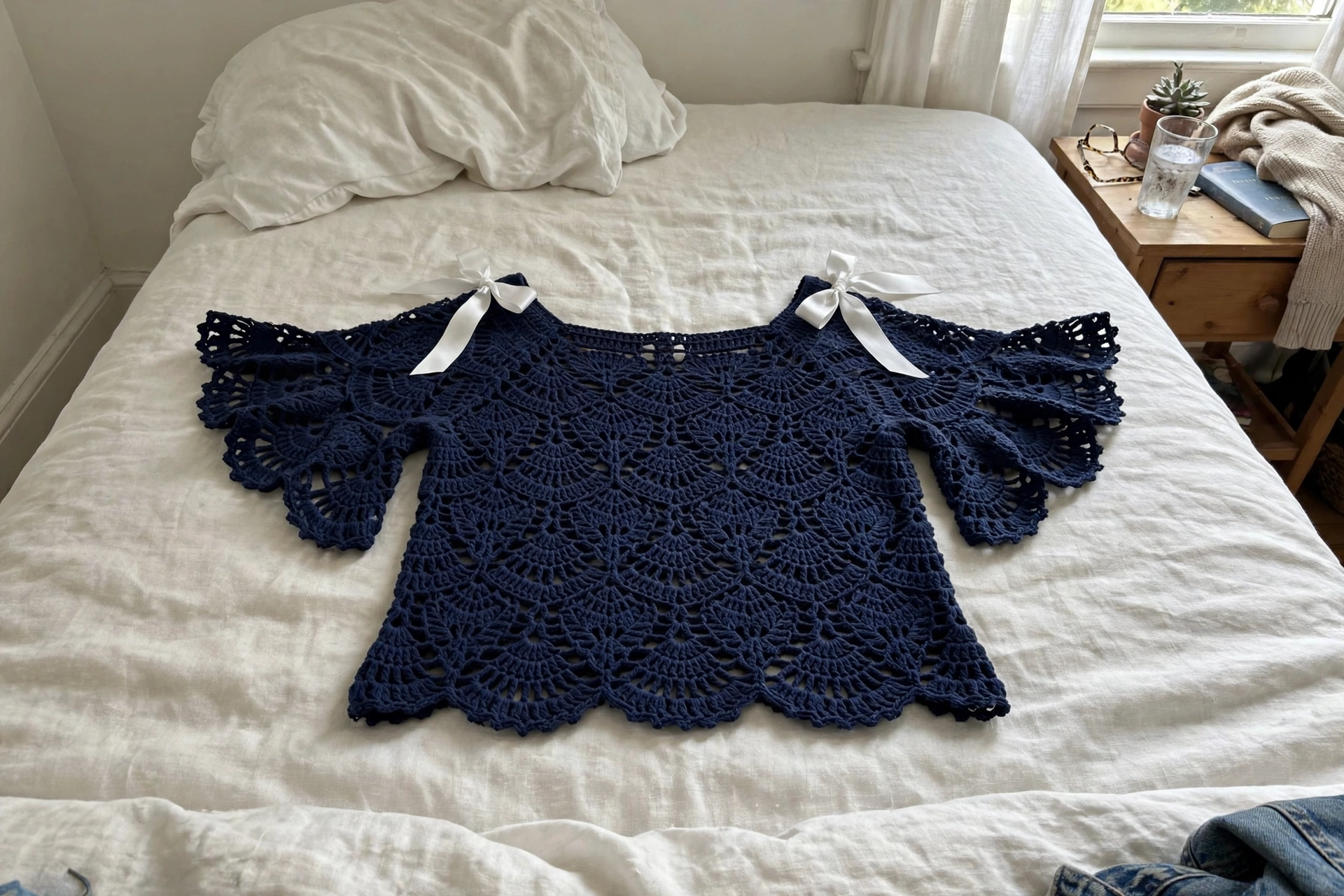 Eyelet ruffle sleeve detail on the navy top