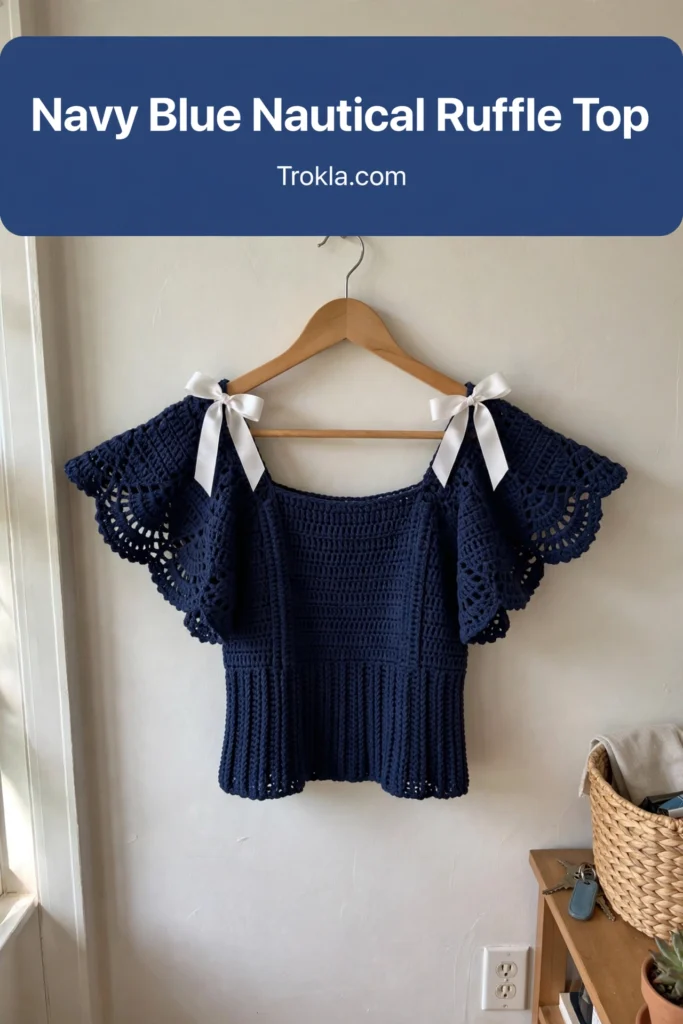 Navy blue nautical ruffle crochet top with eyelet sleeves